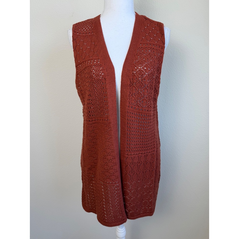 Margeaux & Ellie Open Knit Earthy Patchwork Vest M Rust Boho Duster Cardigan